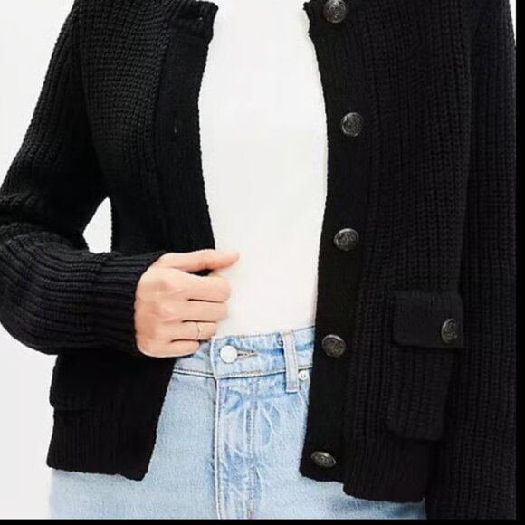 ANN TAYLOR LOFT THICK RIBBED WASHED BLACK PEWTER MILITARY BUTTON CARDIGAN JACKET - Picture 2 of 7